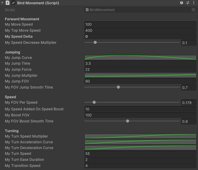 Screenshot of the bird movement script in the inspector