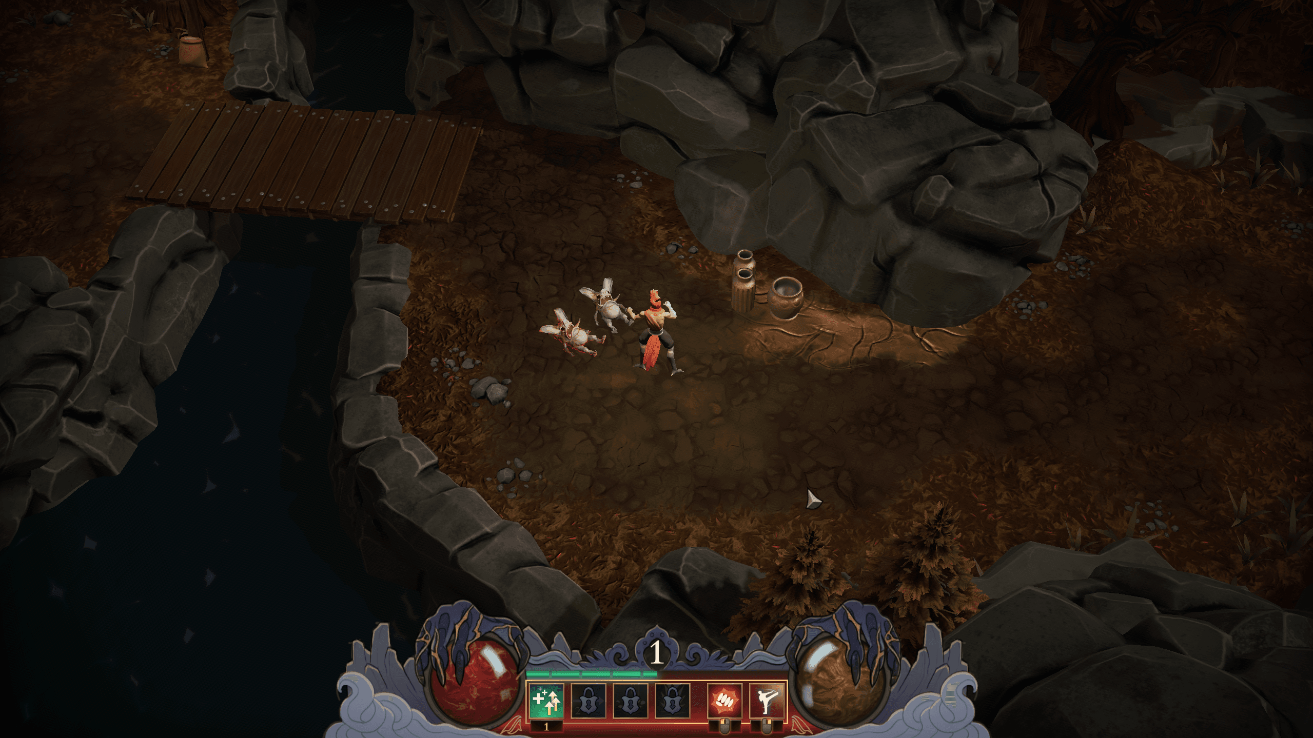 In-game screenshot showing health and resource orbs implemented with Rive