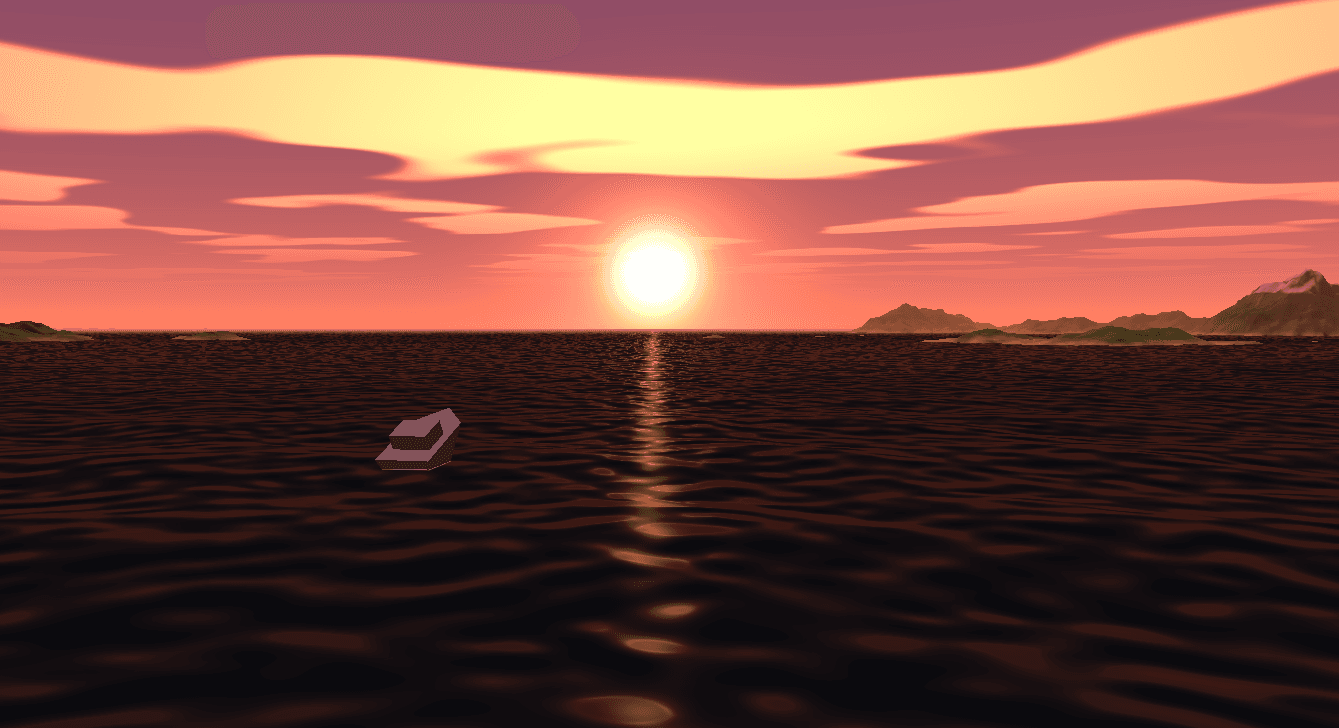 A screenshot of the game showing a boat sailing into the sunset